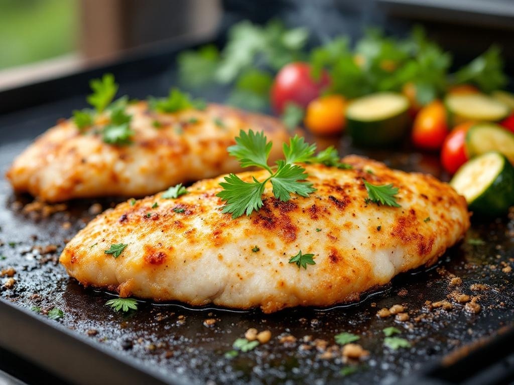 Savory Garlic Parmesan Chicken on the Blackstone Garlic parmesan chicken on a Blackstone griddle, garnished with parsley and surrounded by colorful vegetables.